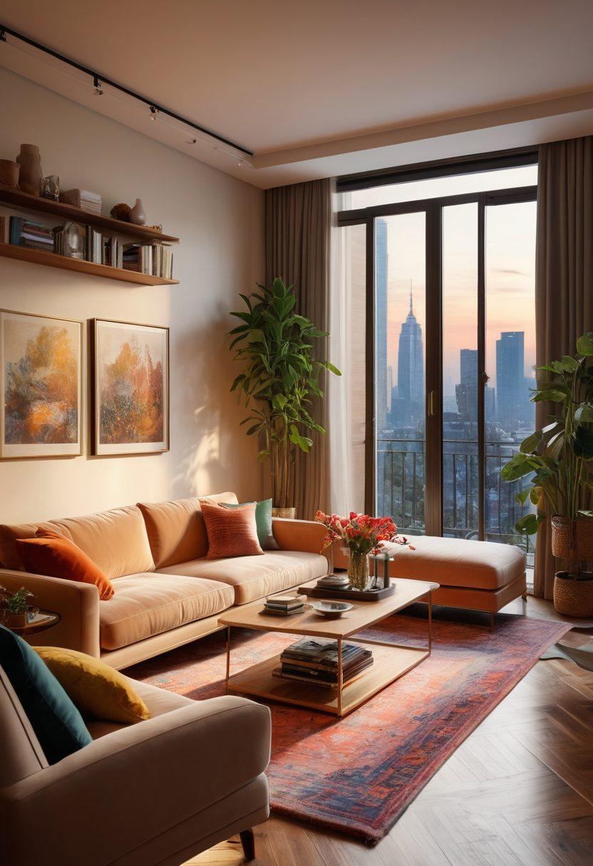 A warm and inviting interior of an affordable apartment that seamlessly blends cozy elements and luxury features. Include a stylish living room with plush furniture, vibrant plants, and soft lighting, complemented by elegant decor. Show a glimpse of an outdoor balcony with a city skyline in the background. Emphasize affordability with subtle hints of elegance, capturing the essence of ‘cozy meets luxury’. super-realistic. vibrant colors. soft lighting.