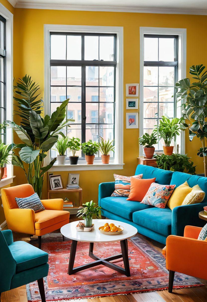A lively, sunlit living room filled with colorful decor and cozy furniture, featuring a window with plants and cheerful artwork on the walls. A happy family is enjoying their time together, playing games and sharing snacks, surrounded by affordable yet stylish apartment elements. Create an inviting atmosphere that radiates joy and comfort. super-realistic. vibrant colors. 3D.
