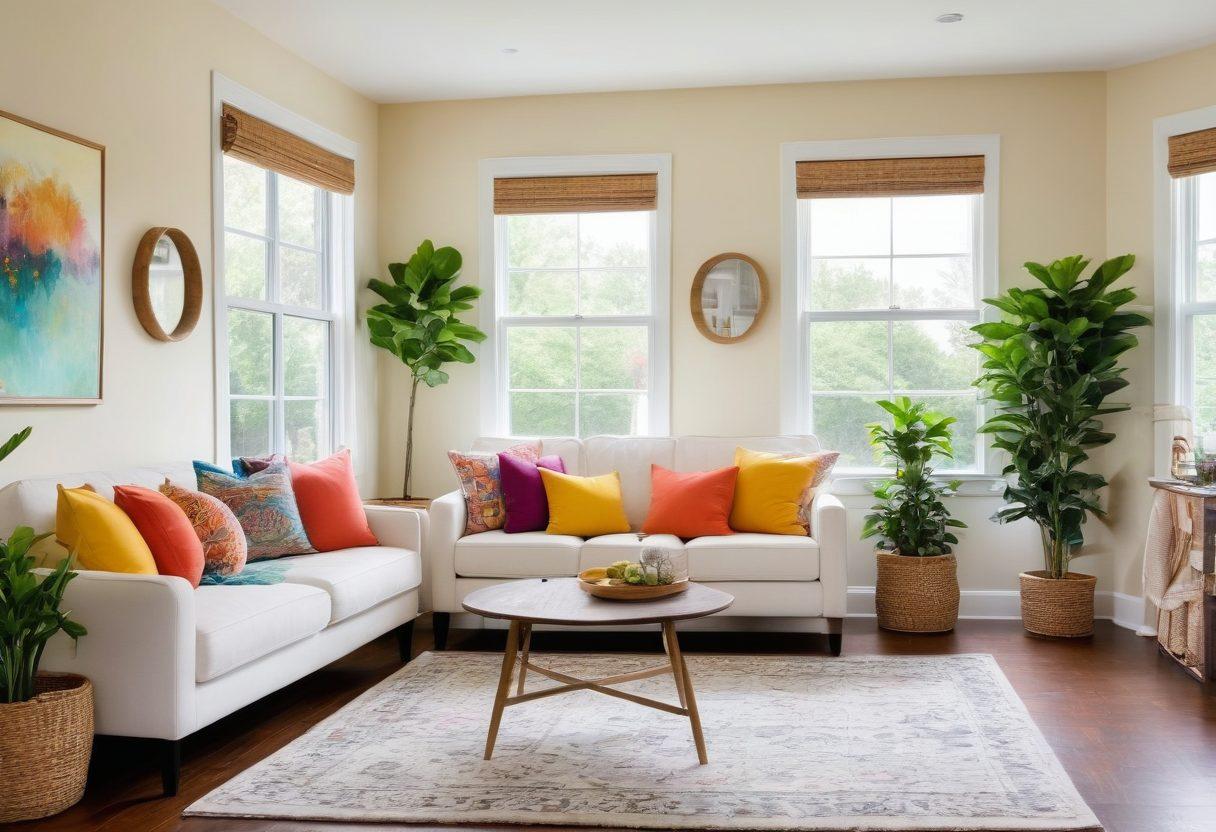 A cozy, inviting living room with a warm and cheerful atmosphere, featuring budget-friendly decor and colorful accents like soft cushions and cheerful wall art. In the background, a bright kitchen with plants, and a small dining area showcasing a simple, beautiful table setting. Natural light pouring in through the windows, creating a joyful ambiance. Create a sense of happiness and comfort in this space. super-realistic. vibrant colors.
